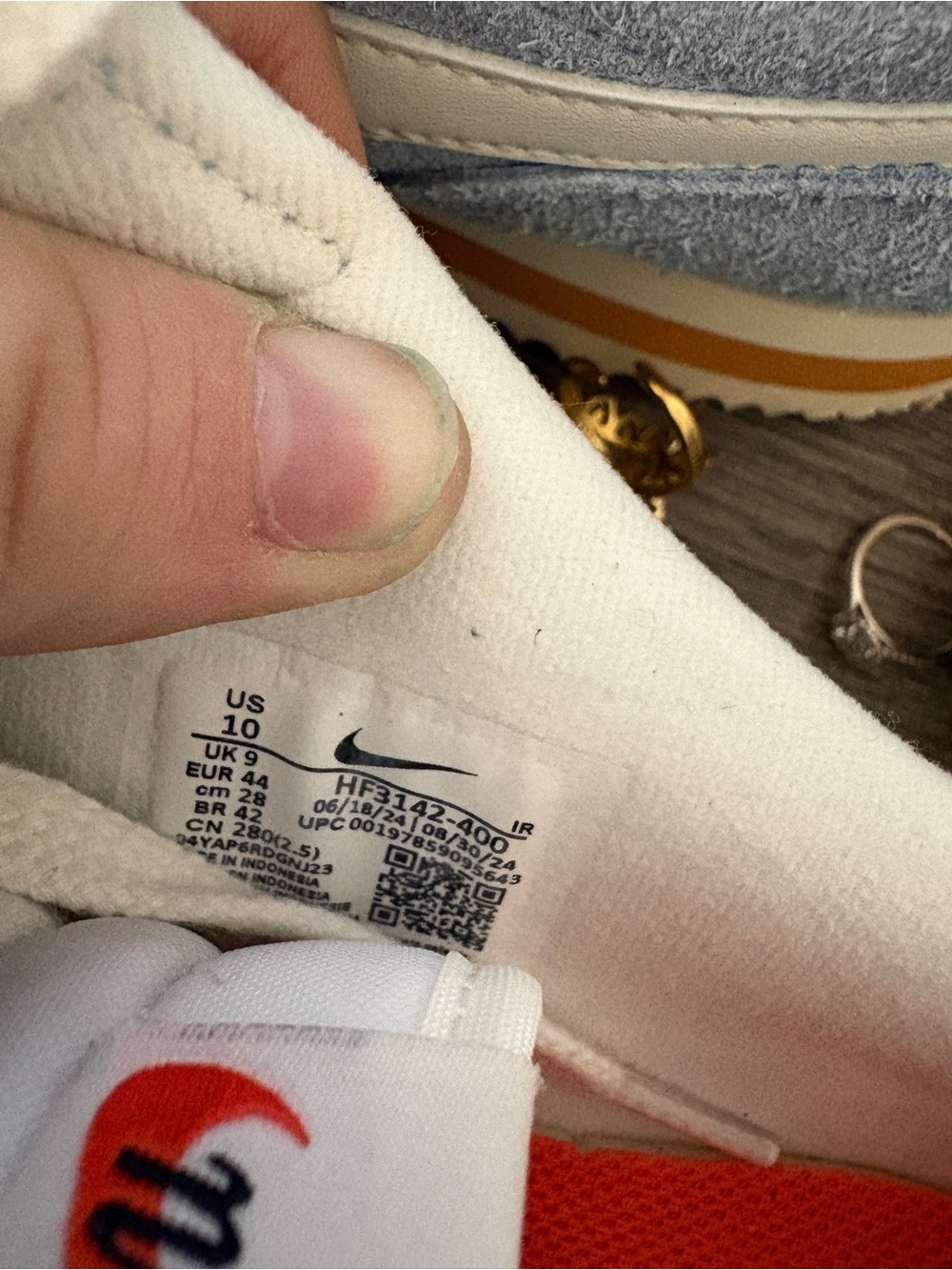 Nike White and Light Blue Suede Low-Top Sneakers with Orange Accent - Picture 3 of 4